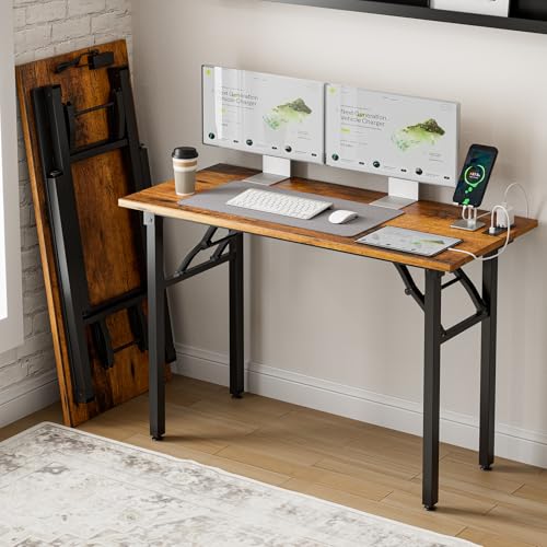 Small Folding Computer Desk – 43.3 Inch Portable Table for Craft and Study, Lightweight Desk for Small Spaces, Foldable Laptop Table Built-in AC/USB Outlets for Convenience, Rustic Brown - color: Rustic Brown, size: 43.3 x 19.7 Inch, style: With Power Out