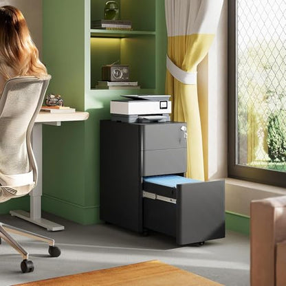DEVAISE 3 Drawer Mobile File Cabinet, Fully Assembled Except Casters | Metal Filing Cainet with Lock for Home Office, Fits Letter/Legal/A4 Size, 11.8 x 17.7 x 23.2 Inches, Black - color: Black, size: 11.8"W x 17.7"D x 23.2"H