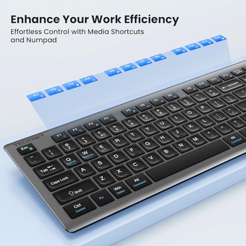 TECKNET 2.4G Rechargeable Ultra-Slim Wireless Keyboard and Mouse Combo | 2.4G Stable Connection, Full-Size Scissor Switch Keyboard with 12 Multimedia Keys, Silent Mouse, Ergonomic Design, Grey - color: Gray