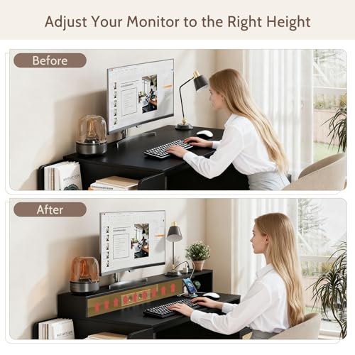 Farmhouse Computer Desk with Drawers and Power Outlets, 60” Home Office Desk with Adjustable File Drawer, Cat Scratching Pad, Printer Stand, Shelves & Monitor Riser, Black