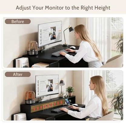 Farmhouse Computer Desk with Drawers and Power Outlets, 60” Home Office Desk with Adjustable File Drawer, Cat Scratching Pad, Printer Stand, Shelves & Monitor Riser, Black