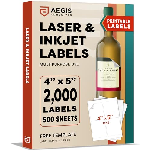 4x5 Printable Labels, Glossy Label Stickers for Laser Inkjet Printer | Blank Clear Label, Shipping Labels Adhesive - Aegis Adhesives Template R022 (500 Sheets, 2000 Stickers)