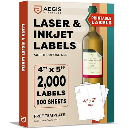 4x5 Printable Labels, Glossy Label Stickers for Laser Inkjet Printer | Blank Clear Label, Shipping Labels Adhesive - Aegis Adhesives Template R022 (500 Sheets, 2000 Stickers)