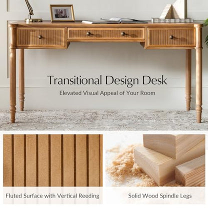 HULALA HOME 60 Inches Fluted Writing Desk with Charging Station, Teak - color: Teak