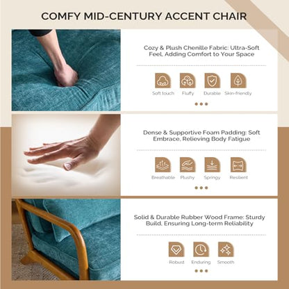 VINGLI Chenille Mid-Century Modern Accent Chair Set of 2, Cute Reading Arm Chair with Cushion & Lumbar Pillow & Solid Wood Frame for Lounge, Living Room, Reading Room, Bedroom, Turquoise - color: Turquoise