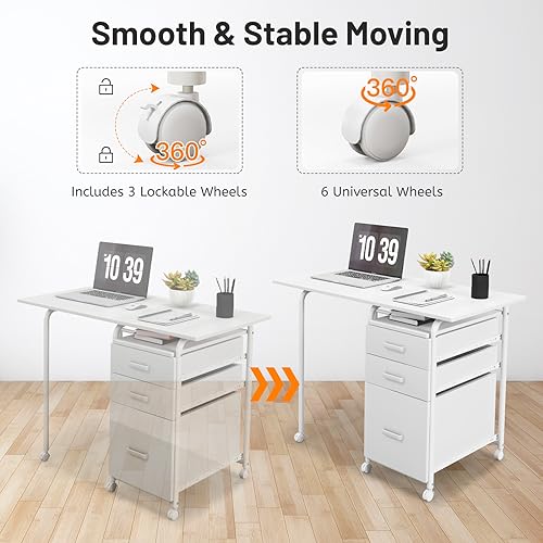 Giantex White Folding Desk for Small Space, Rolling Home Office Desk with 3 Drawers & Lockable Universal Wheels, Mobile Study Writing Desk for Dorm Apartment Bedroom - color: White