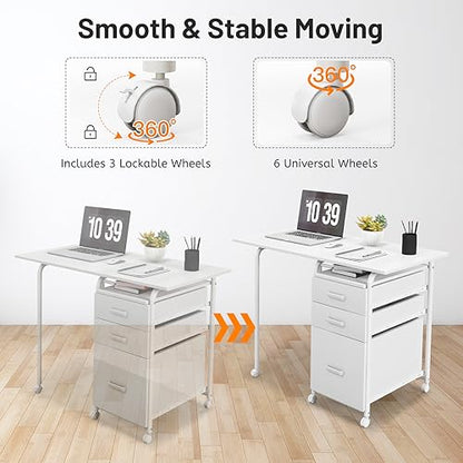 Giantex White Folding Desk for Small Space, Rolling Home Office Desk with 3 Drawers & Lockable Universal Wheels, Mobile Study Writing Desk for Dorm Apartment Bedroom - color: White