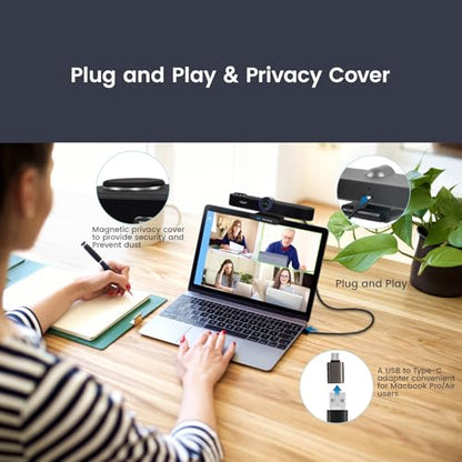 TONGVEO 3-in-1 4K Webcam with Microphones and Speaker, AI Auto-Tracking 5X Digital Zoom Webcam 4K Adjustable Field of View Remote Control Works with Microsoft Teams, Zoom, Google Meet, PC Mac Laptop