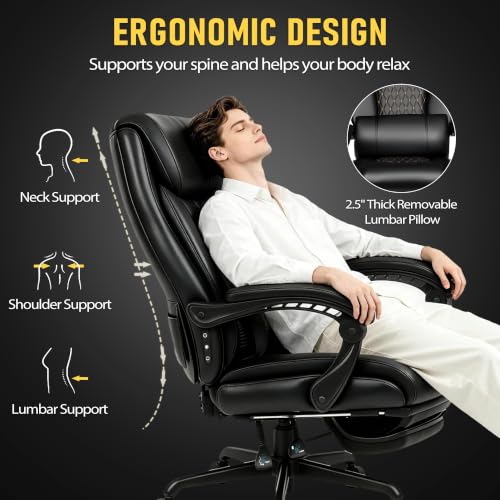 3D Kneading Massage Office Chair with Heat, 500 lbs Big and Tall Executive Computer Desk Recliner, Leather Electric Heated Chair with Footrest, Black - color: Black
