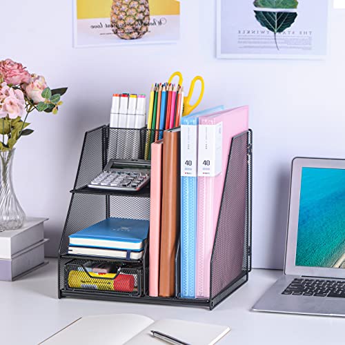 Topwey Desk Organizers and Acceessories for Office School Study | 2-Tier Paper, Letter Tray, 1 Drawer and 2 Pen Holder - color: dark black