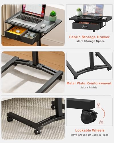 Rolling Adjustable Height Standing Desk With Drawers, Small Mobile Laptop Desk Cart On Wheels For Small Spaces Home Office, Portable Sitting Laptop Table For Bed Couch Load Up To 60LBS, Sturdy, Black - color: Black
