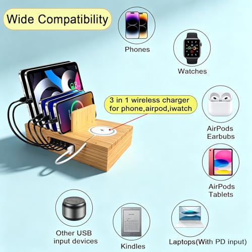 6 Port USB Charging Station for Multiple Devices 200W USB C Laptop Charger for MacBook Tablet 15W 3-in-1 Wireless Charger for iPhone/Apple Watch/AirPods Bamboo Charging Station Organzier
