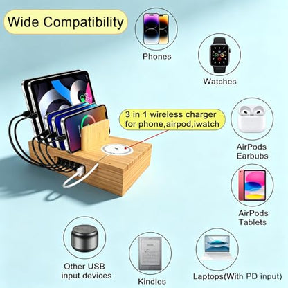 6 Port USB Charging Station for Multiple Devices 200W USB C Laptop Charger for MacBook Tablet 15W 3-in-1 Wireless Charger for iPhone/Apple Watch/AirPods Bamboo Charging Station Organzier