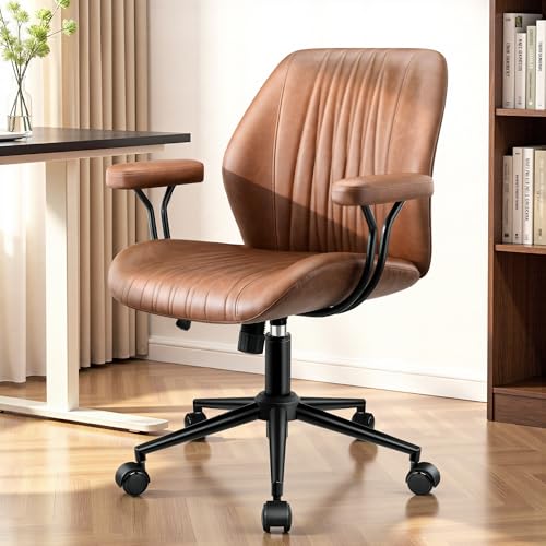 HeroSet Leather Office Chair with Removable Armrests, Mid Back Ergonomic Desk Chair with Lumbar Support, Adjustable Height Rocking Swivel Executive Chair for Home Office, Brown - color: Brown