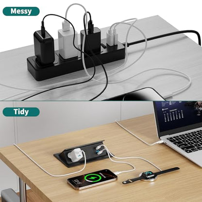 QBA Recessed Power Strip with USB C 20W, Flush Mount Power Outlet with 2 AC Outlets 3 USB Ports, Desktop Charging Station for Nightstand Furniture Conference Table, Black - color: Black-2C1A