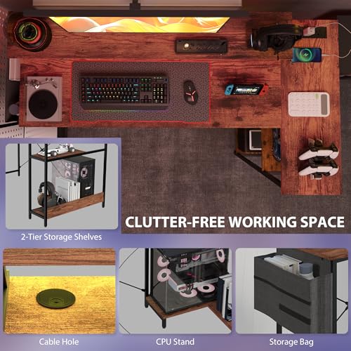 HOMCOM 58" L Shaped Gaming Desk with Power Outlets Reversible Rustic Brown | LED Lights, Computer Desk with Monitor Stand, Fabric Storage Bag, Cable Management, for Home Office