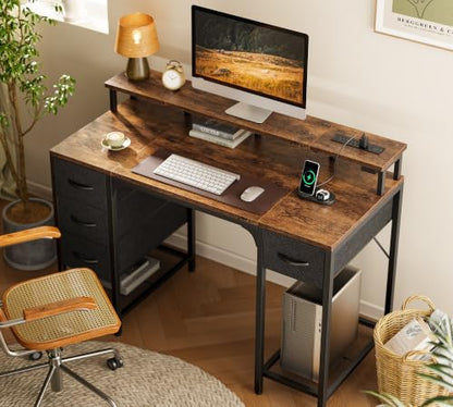 Huuger 47 inch Computer Desk with Power Outlets & 4 Drawers - color: Rustic Brown With Black Drawers, size: 47 Inch