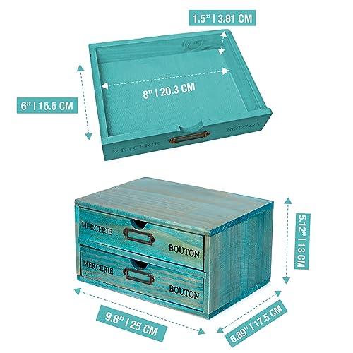 Turquoise 2-Tier Drawer Unit - European Country Style Desk Organizer Box - 9.7x7x5.1" Teal Wooden Stackable Drawers - Countertop Organizer Drawers w/Label Holder - Double File Drawer Unit - style: 2 Drawer I 5.1"