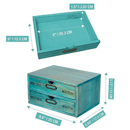 Turquoise 2-Tier Drawer Unit - European Country Style Desk Organizer Box - 9.7x7x5.1" Teal Wooden Stackable Drawers - Countertop Organizer Drawers w/Label Holder - Double File Drawer Unit - style: 2 Drawer I 5.1"