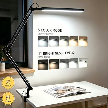 SKYLEO Desk Lamp for Home Office, Eye Comfortable LED Desk Light for Long Hours, Adjustable Swing Arm with Memory Function, Black - style: Black swing arm