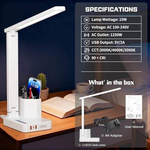 LED Desk Lamps for Dorm Office with USB C Charging Station, 800lm, CRI>90 - color: White