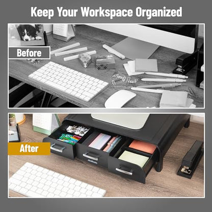 Mind Reader Monitor Stand, 3 Storage Drawers, Desktop Organizer, Riser, Office, 13.5"L x 13"W x 4"H, Set of 2, Black - size: 2 Pack