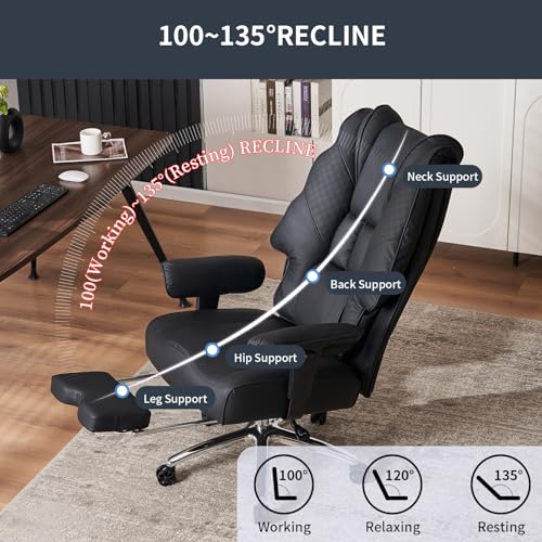 EXCEBET Big and Tall Office Chair 400lbs Wide Seat, Leather High Back Executive Office Chair with Foot Rest, Ergonomic Chairs Lumbar Support for Lower Back Pain Relief (Black) - color: All Black