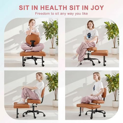 GUNJI Ergonomic Criss Cross Legged Office Chair, 360° Swivel Meditation Kneeling Chair with Wheels, ADHD Chair with Footrest, Lumbar Support, Wider Height Adjustable Seat (Brown, Faux Leather) - color: Brown