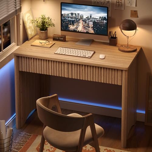 Bestier 40-Inch Fluted Wood Computer Desk with 2 Silent Drawers, Light Wood | Vertical Fluted, 2 Storage Drawers Silent Damping, 40x20 in, 30in Ergonomic, Scratch-Resistant Melamine, Non-Slip Pads - color: Brown, size: 40 Inch