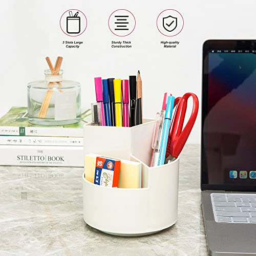 Siveit Desk Pencil Pen Holder, Desk Organizers 3 Slots 360-Degree Rotating Pen Holder for Desktop Storage Stationery Supplies Organizer, Home, Office, School, Kids, White - color: White