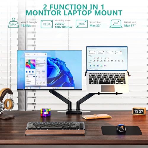 WALI Laptop Desk Mount, Dual Monitor Arm with Laptop Holder, Adjustable Height Laptop Arm Mount for Desk, Fits 17” Notebook and 32” Monitors, Up to 22Lbs (GSMP002LP), Black | Dual Monitor Arm with Laptop Holder, Adjustable Height Laptop Arm mount for Desk