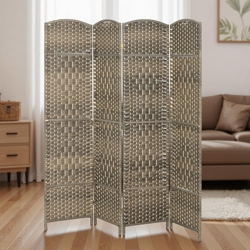 HOMCOM 4 Panel Room Divider 6 Ft Privacy Screen Hand-Woven Dark Rustic Oak | Folding PP Wall Partition, Pine Wood Frame, Freestanding Room Separator, Bedroom Home Office, No Assembly - color: Oak, size: 4 Panel