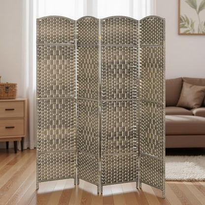 HOMCOM 4 Panel Room Divider 6 Ft Privacy Screen Hand-Woven Dark Rustic Oak | Folding PP Wall Partition, Pine Wood Frame, Freestanding Room Separator, Bedroom Home Office, No Assembly - color: Oak, size: 4 Panel