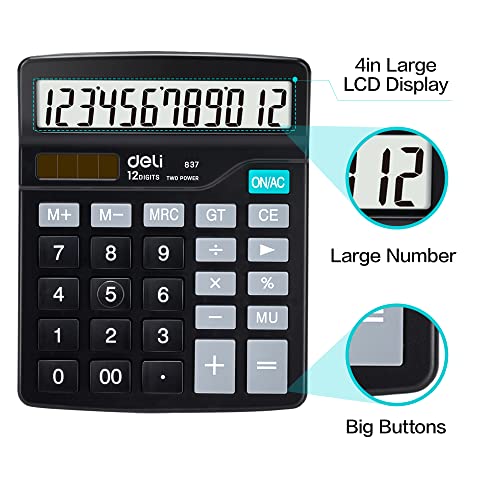 Calculator, Deli Standard Function Desktop Calculators with 12 Digit Large LCD Display and Sensitive Button, Solar Battery Dual Power Office Calculator, Black - color: Black