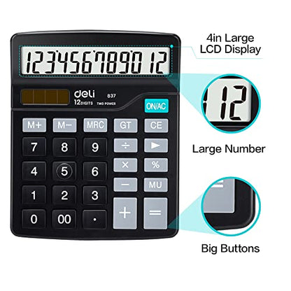 Calculator, Deli Standard Function Desktop Calculators with 12 Digit Large LCD Display and Sensitive Button, Solar Battery Dual Power Office Calculator, Black - color: Black