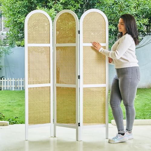 Svimi Room Dividers and Folding Privacy Screens, Pine Wood 5.6 Ft Double Hinged Rattan Partition Freestanding Wall Room Divider for Home - 3 Panels (White) - color: White, size: 3 Panels