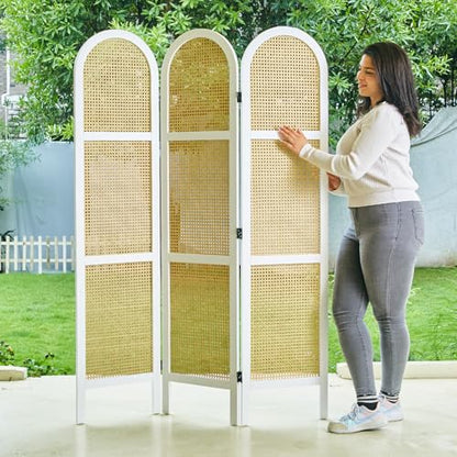 Svimi Room Dividers and Folding Privacy Screens, Pine Wood 5.6 Ft Double Hinged Rattan Partition Freestanding Wall Room Divider for Home - 3 Panels (White) - color: White, size: 3 Panels