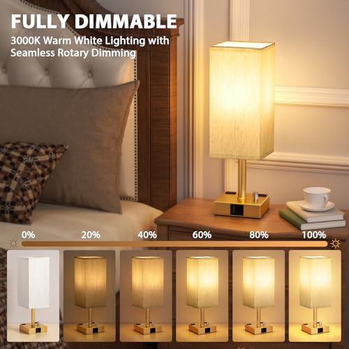 Gold Bedside Table Lamps Set of 2 - Dimmable, USB C+A, 2 AC Outlets | Stepless Dimmable by Rotary Knob, 3000K LED Bulbs Included, Square Cream Linen Shade, Nightstand Lamp for Living Room, Desk - color: Gold