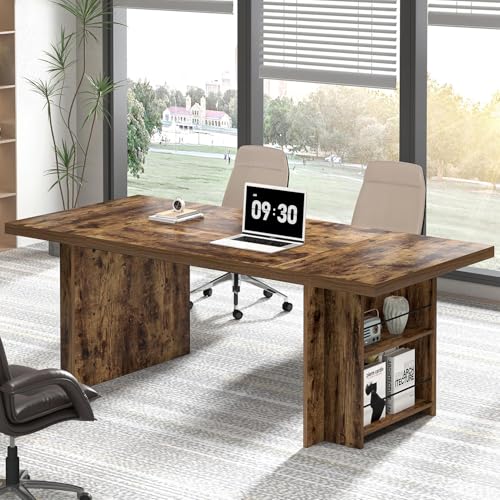 Large Executive Office Desk, 70" Long Computer Desk with Side Storage Shelves, Vintage Wood Conference Table Workstation for Home Office, Two Person Gaming Study Writing Table, Rustic Brown - color: Brown