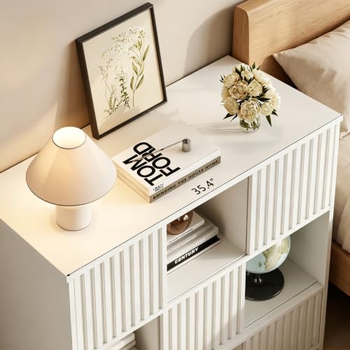 9 Cube Storage Organizer, Wooden Cube Shelves with Closed Back Panel, 3-Tier Storage with 5 Sliding Doors,Cubes Closet Organizer for Living Room,Office,Bedroom,Study,Hallway White - color: B-white, size: 9 Cube Storage