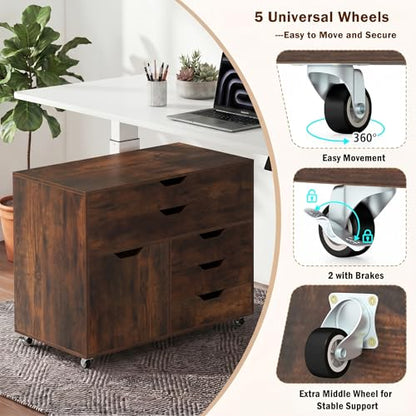 POWERSTONE Rolling File Cabinet 5-Drawer & One Side Door Storage Unit, Wood Printer Stand Drawer Cabinet with 5 Metal Wheels(2 Self-Locking) for Home Office, Coffee - color: Coffee