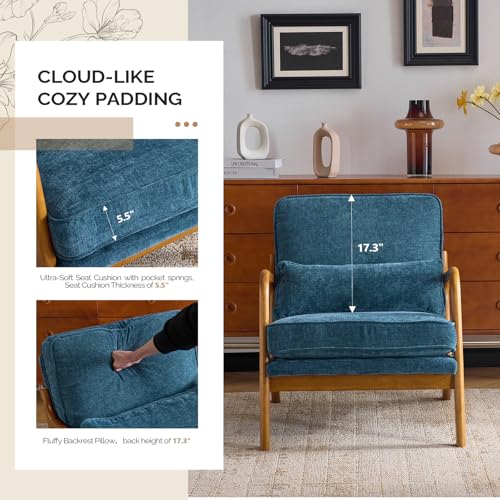 VINGLI Chenille Mid-Century Modern Accent Chair Set of 2, Cute Reading Arm Chair with Cushion & Lumbar Pillow & Solid Wood Frame for Lounge, Living Room, Reading Room, Bedroom, Blue - color: Blue