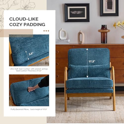 VINGLI Chenille Mid-Century Modern Accent Chair Set of 2, Cute Reading Arm Chair with Cushion & Lumbar Pillow & Solid Wood Frame for Lounge, Living Room, Reading Room, Bedroom, Blue - color: Blue