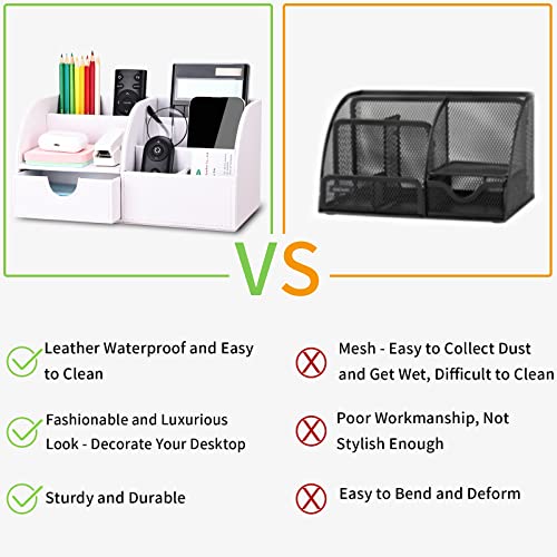 KINGFOM Pu Leather Desk Organizer Pen Pencil Holder Office Supplies Caddy Storage Box 6 Compartments with Drawer White (Full Pu Leather) - color: White