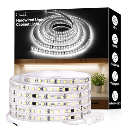 cambk 96inch Hardwired Under Cabinet Lighting for Kitchen, 6000K White Wired Undercounter Waterproof Led Strip Lights, Luces para Cocina Bajo Gabinete Under Shelf Lights - size: 96in