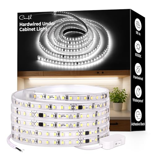 cambk 96inch Hardwired Under Cabinet Lighting for Kitchen, 6000K White Wired Undercounter Waterproof Led Strip Lights, Luces para Cocina Bajo Gabinete Under Shelf Lights - size: 96in
