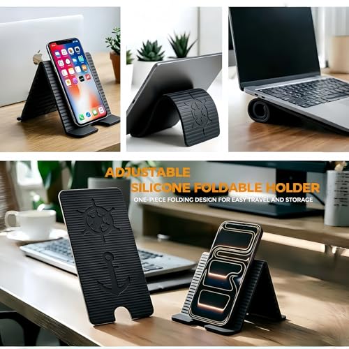 Flexible Silicone Aluminum Phone Holder Tablet Stand with Charging Port Design, Foldable Airplane Laptop/Phone Stand for Home Office Travel (Black) - color: Black