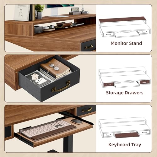 TIQLAB Standing Desk with Two Drawers, Stand Up Standing Desk Adjustable Height, Electric Sit Stand Table with Storage Shelf and Splice Board, with LED Light, 47 * 28 inch, Black Walnut - color: Black Walnut, size: 47*28 inch with keyboard tray