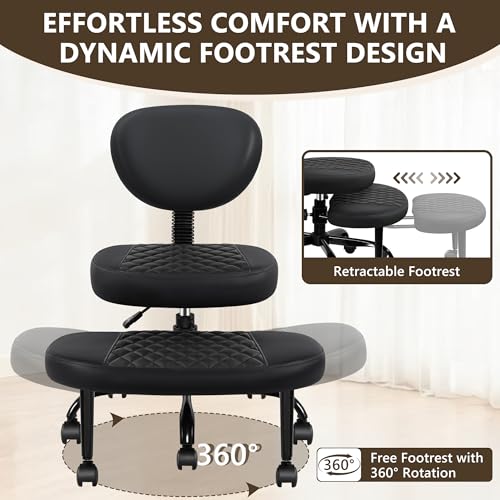 AtHope Ergonomic Cross Legged Office Chair with Wheels - Adjustable Height for Meditation, ADHD Desk & Yoga - Wide Criss Cross Design with Lumbar Support, Kneeling Chair - Black - color: Black