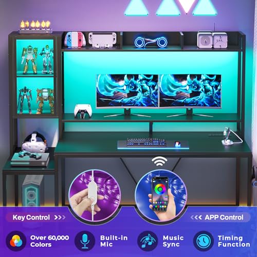 SEDETA 60'' Gaming Desk with Storage, Hutch, Display Cabinet and LED Lights - color: Black